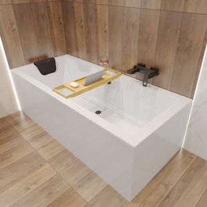 Badewanne Rechteck Set 5in1 180x80 mit Premium Ablaufgarnitur und Füßen GRATIS + Verkleidung (AcrylSchürze) + Bambus Holzablage | BADLAND QUADRO