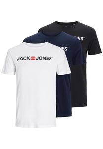 JACK&JONES Herren T-Shirt, 3er Pack - JJECORP LOGO TEE CREW NECK, Logo-Print, Baumwolle Weiß/Marineblau/Schwarz 2XL