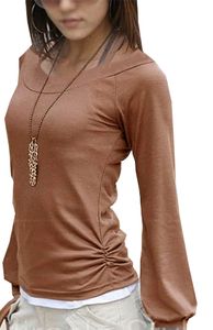 Fado Damen Langarm Shirt Oberteil Longshirt, U-Boot Ausschnitt, Kakao XL