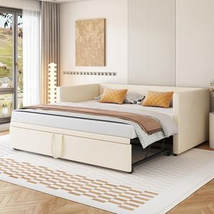 Čalouněná postel Rozkládací pohovka 90/180 * 200 cm s lamelovými rošty, multifunkční postel ze sametové látky šetrné k pokožce, béžová barva