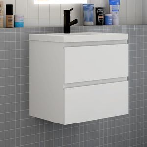 Badezimmermöbel 60cm CINIC-Serie Dickes Keramik Waschtisch mit Unterschrank Hängeschrank Badezimmerschränke mit 2 Schubladen Weiß Matt