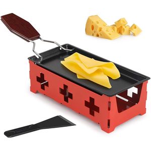 FNCF Käsestahl-Backblech, hölzernes Käse-Raclette mit Silikon-Spatel-Backblech Bratpfanne mit Holzgriff Schwarzes Antihaft-Backblech-Set (Rot)