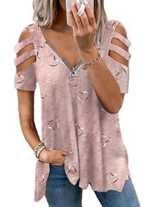 Damen T-Shirts Kurzarm V-Ausschnitt Tops Mode Bohe Sommer Kalte Schultertunika Bluse Rosa,Größe XL