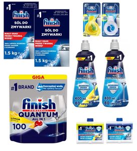 Finish Zestaw Quantum All in 1 Lemon Kapsułki 100 sztuk + Nabłyszczacz 400 ml + Nabłyszczacz Lemon 400 ml + Sól 2 x 1,5kg + Czyścik 250 ml + Czyścik Lemon 250 ml + Odświeżacz 2 sztuki