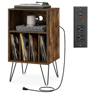 Stojan na gramofón COSTWAY, 3-úrovňový stojan na gramofón s nabíjacou stanicou, stolík na uloženie vinylových platní s policou a 4 priehradkami rustikálna hnedá