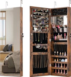 COSTWAY 110 cm Schmuckspiegel Schrank, Wand-/Türmontierter Schmuck Armoire Organizer mit Ganzkörperspiegel & Innen-Make-up-Spiegel, Verstellbare Haken