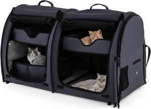 GOPLUS Transportbox mit Zwei Fächern für Katzen, 2 in 1 Haustierhütte mit abnehmbaren Hängematten & Katzentoilette, Tragbare Reisebox für Katzen & Hunde mit Tragetasche (Schwarz)