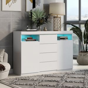 Merax Kommode Hochglanz Weiß LED, Sideboard mit Schubladen, hochglänzend Wohnzimmerschrank