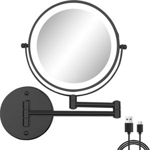 Wiederaufladbarer Kosmetikspiegel Wandmontage, 8" Schminkspiegel Wandmontage 1X/10X, 3 Farbmodi Touchscreen Beleuchteter Schminkspiegel, 360° Drehbarer Faltbarer Badezimmer Spiegel, Schwarz