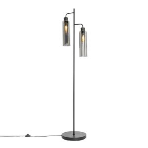 QAZQA - Moderne Stehlampe schwarz mit Rauchglas 2 Lichter - Stavelot I Wohnzimmer I Schlafzimmer - Länglich - LED geeignet E27