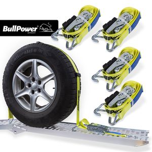 4x BullPower Spanngurte AZG203 - Autotransport PKW Zurrgurte Reifengurte Transportsicherungen - LC 4000 kg / daN mit Ratsche und Haken - 50mm breit