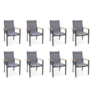 NATERIAL - 8er Set Gartenstühle DORA mit Armlehnen - 8 x Gartensessel - Stapelbar - Recycelter Kunststoff - Aluminium - Eukalyptusholz - Dunkelgrau