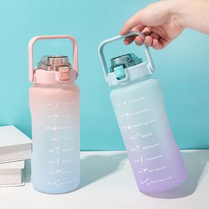 2000ml Rosa Wasserflasche Auslaufsicher mit Strohhalm Fitness Trinkflasche Motivierende Sportflasche