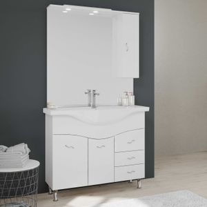 Badezimmermöbel 106 cm weiß klassisch mit Waschbecken, Spiegel und Hängeschrank.