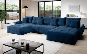 FURNIX Schlafsofa CALVANI U Polstercouch in U-Form Bettkasten Kissen MH77 Marine blau