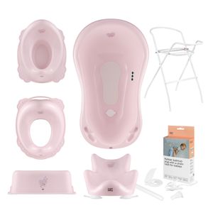Baby Badewanne Set mit / ohne Gestell und Badewannensitz - für Neugeborene und Babys, Set:7-teiliges SET, Motiv:Hug me - rosa