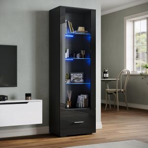 SONNI Schwarz hochglanz Vitrinenschrank mit LED beleuchtung und Schublade 55x35x172cm Glasvitrine Vitrinen SONNI Schwarz hochglanz Vitrinenschrank mit LED beleuchtung und Schublade 55x35x172cm Glasvitrine Vitrinen