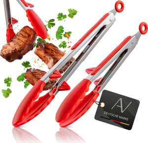 AVANA Koch- und Grillzange, Edelstahl Küchenzange mit integriertem Standfuß Silikon Servierzange Hitzebeständig Zange Mehrzweckzange zum Kochen, Servieren, Grillen - 2er-Set Rot