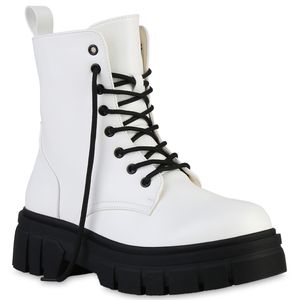 VAN HILL Damen Stiefeletten Plateau Boots Stiefel Profil-Sohle Schuhe 839121, Farbe: Weiß, Größe: 39