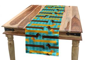 ABAKUHAUS Hunde Tischläufer, Blauer Hintergrund Dackel Hunde, Esszimmer Küche Rechteckiger Dekorativer Tischläufer, 40 x 180 cm, Hellblau Braun