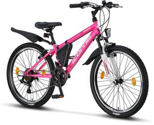 Licorne Bike Guide Premium Mountainbike in 20, 24 und 26 Zoll - Fahrrad für Mädchen, Jungen, Herren und Damen - Shimano 21 Gang-Schaltung, Kinderfahrrad, Kinder, Farbe:Rosa/Weiß, Zoll:24