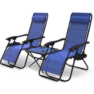 VOUNOT 2er-Set Liegestuhl Klappbar mit Beistelltisch, Relaxstuhl Garten mit Getränkehalter und Kopfpolster, Blau