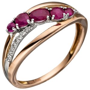 JOBO Damen Ring 56mm 585 Gold Rotgold 5 Rubine rot 16 Diamanten Brillanten Rubinring