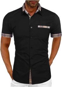 Herren Business Casual Sommerhemd ， Streifen-Patchwork-Stil, mit Brusttasche und Knöpfen, Regular Fit, Basiskragen-Design