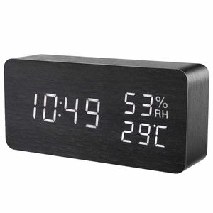 INF Digitaler LED-Wecker, digitaler Wecker, Reisewecker, Tischuhr, Uhr mit Datum und Temperatur, schwarzes Holzdesign 1502