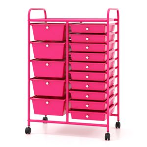 COSTWAY Rollwagen mit 15 stapelbaren Schubladen, Rollcontainer 63x37x87cm, pink