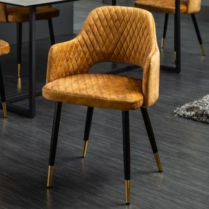 riess-ambiente Design Stuhl PARIS senfgelb Samt mit Armlehnen Ziersteppung goldene Fußkappen Esszimmerstuhl Essstuhl Stuhl