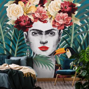 Vlies Fototapete Blumen Frida Kahlo (368x254cm - 4 Bahnen) Kunst Pflanzen Tropische Dschungel Wohnzimmer Schlafzimmer Wandtapete Modern Tapete Latexdruck UV-Beständig Geruchsfrei Hohe Auflösung Montagefertig