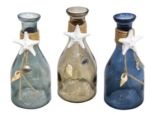 3er Set Glasvase 16 cm Seestern maritim Flasche Vase Glas Glasflasche Muschel