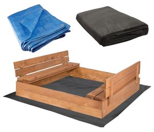 120 x 120 cm Holz Sandkasten mit Sitzbänken Massivholz Extra gratis - Vlies und Abdeckplane Imprägniert Sandkasten Sandbox