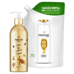 Pantene Pro-V Shampoo - Repair & Care Nachfüllbare Aluminiumflasche +  Nachfüllpack -  910ml