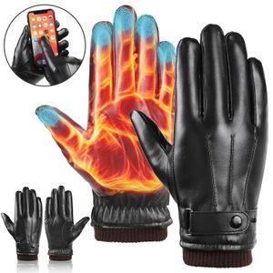 Herren Lederhandschuhe Schwarz, Winter Leder Handschuhe Outdoor Warm Winddicht Kälteschutz Touchscreen Winterhandschuhe