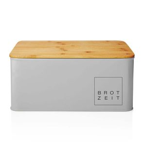 Lumaland Cuisine Brotkasten Brotdose aus Metall mit Bambus Deckel Brotbox Lunchbox oval 30,5 x 23,5 x 14 cm 2in1 Brotbehälter & Schneidebrett Hellgrau