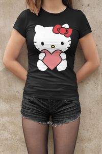 Bio Baumwolle Damen T-Shirt Hello Kitty Hallo Sitzt Katze Süße Katze Lady Cat