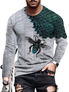 Herren Casual Bees Printed T-Shirt Langarm Rundhalsausschnitt Loose Fit Pullover Tops,Farbe: Blau,Größe:5XL