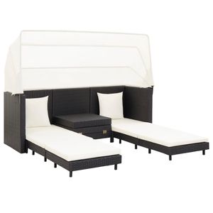 Hommie®  Ausziehbares 3-Sitzer-Schlafsofa mit Dach Poly Rattan Schwarz