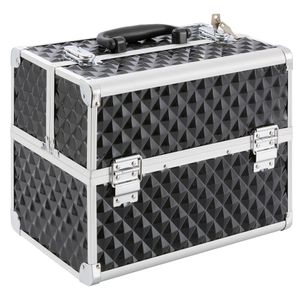 Kozmetický kufrík AREBOS, kozmetický kufrík, 15 l, 5 priehradiek, hliník, diamantový vzor, vrátane zámku a kľúča, zamatová vložka, 32 x 27 x 22 cm, čierny