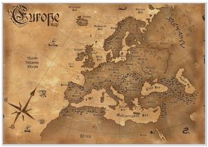 Wallario Wandbild Alte Weltkarte   Karte von Europa in englisch, Größe: 70,30 x 100,30 cm, Poster mit weißem Kunststoffrahmen