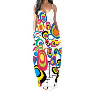 Frauen Spaghetti Strap Printing V-Ausschnitt Taschen Lose Maxikleid Sommerkleid für Strand Multicolor L