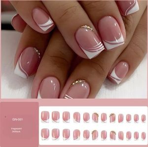 DTC GmbH Kunstfingernägel 24 Stück Press on Nails Kurz，Rosa mit weißer französischer Verzierung , Sie können Ihre Freiheit verwirklichen und brauchen nie wieder jemanden, der Ihre Nägel für Sie macht!  Rosa mit weißen Strasssteinen