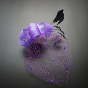 Frauen Retro Schleife Feder Netz Schleier Hochzeit Fascinator Hut Clip Haarschmuck-Lila
