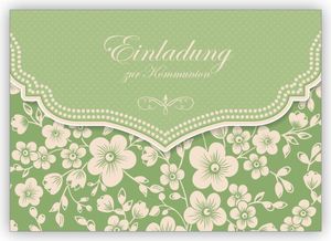 4x Feine Vintage Einladungskarte zur Kommunion mit Retro Kirschblüten Muster für Mädchen: Einladung zur Kommunion