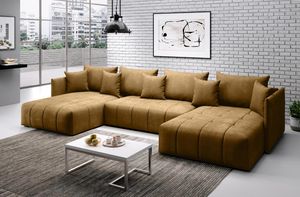 FURNIX U-Form-Sofa ASVIL Wohnzimmersofa mit Schlaffunktion und Bettkasten MH48 Gold Braun