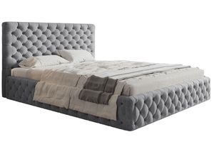 Polsterbett MIAMI-SLIM mit Kopfteil, 120x200 cm, Doppelbett mit Bettkasten und Lattenrost aus Holz, Velourstoff Hellgrau