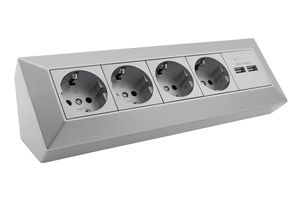 4-fach Steckdosenblock + 2x USB, silber, leichte Montage da Innenleben vorverdrahtet, Aufbaumontage - ideal für Arbeitsplatten und Werktische