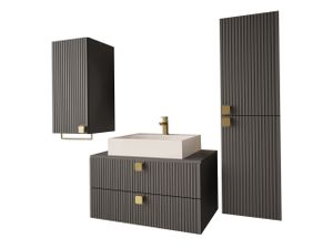 MIRJAN24 Badmöbel-Set Gariano I mit Siphon, Waschbecken, 2x Badezimmerschrank, Waschbeckenschrank, Griffe aus Metall in der Farbe Gold (Farbe: Grau)